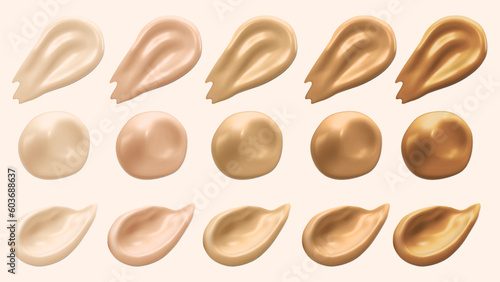 Realistic Smears of foundation  brush strokes set of tone. 3d vector illustration
