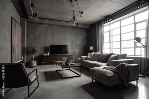 interior background contemporary green apartment simple living furniture concrete style loft. Generative AI.