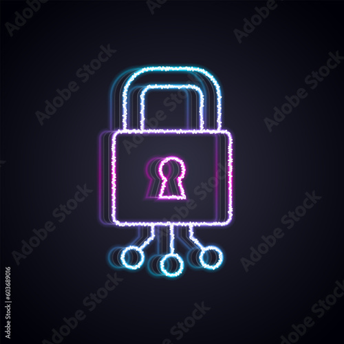 Glowing neon line Cyber security icon isolated on black background. Closed padlock on digital circuit board. Safety concept. Digital data protection. Vector