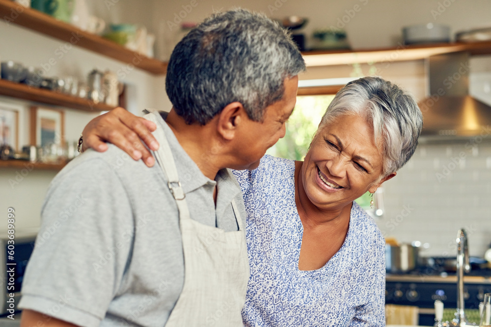 Cooking, hug and old couple in kitchen with smile, healthy marriage bonding in home and helping with dinner. Happiness, help and love, senior man and woman with happy face, meal prep and retirement. Cooking, hug and old couple in kitchen with smile, healthy marriage bonding in home and helping with dinner. Happiness, help and love, senior man and woman with happy face, meal prep and retirement.