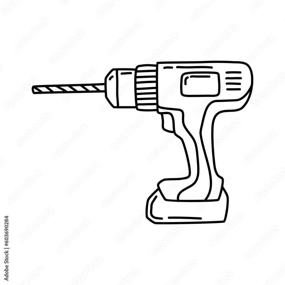 line art vector or doodle of screwdriver or Cordless drill on hand, isolated on white background line art vector or doodle of screwdriver or Cordless drill on hand, isolated on white background
