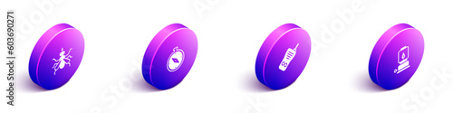 Set Isometric Mosquito, Compass, Walkie talkie and Camping lantern icon. Vector