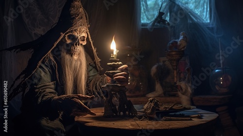 Portrait of baba Jaga, monster, witch, skeleton, haunted creature 
