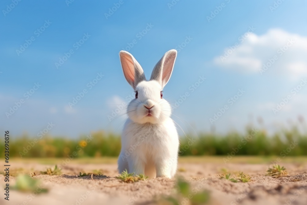 A cute white rabbit sits with her ears stretched up in a meadow in summer (Generative AI, Generativ, KI)
A cute white rabbit sits with her ears stretched up in a meadow in summer (Generative AI, Generativ, KI)