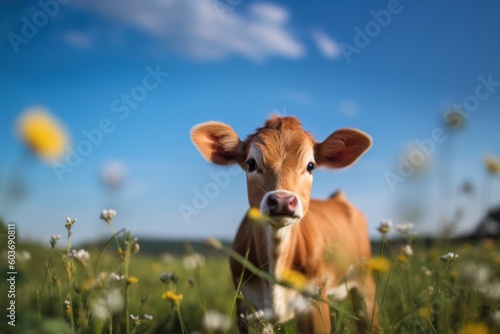 a very cute young cow stands in the pasture, calf, farming (Generative AI, Generativ, KI)