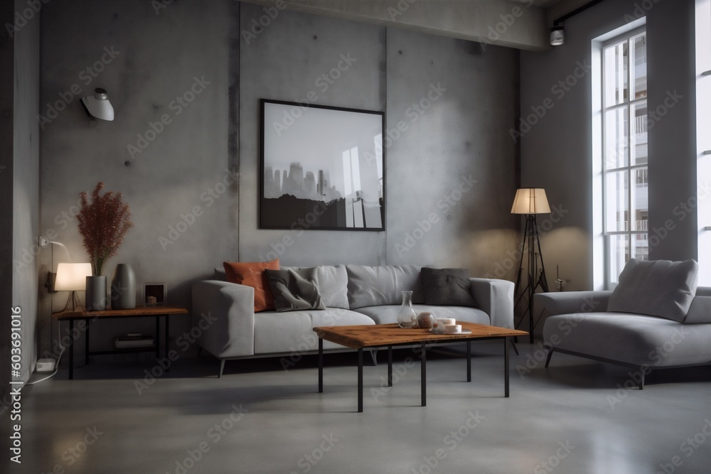 interior sofa lounge space loft room cosy lamp stylish white wall. Generative AI. interior sofa lounge space loft room cosy lamp stylish white wall. Generative AI.