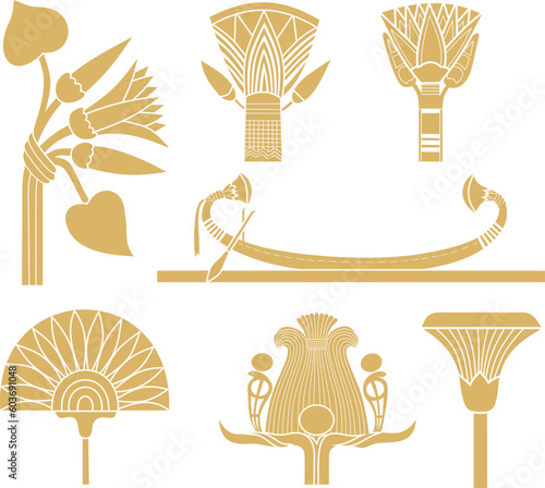 Vector gold monochrome set of ancient Egyptian signs and symbols. Lotus flower.