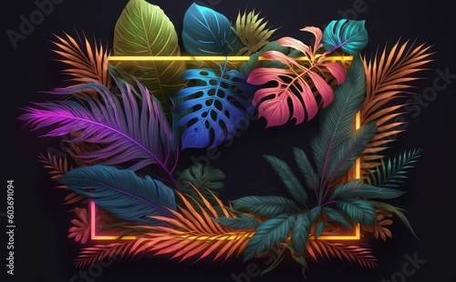 plant background  Dark green tropical leaves with neon light  leaves composition  palm leaves