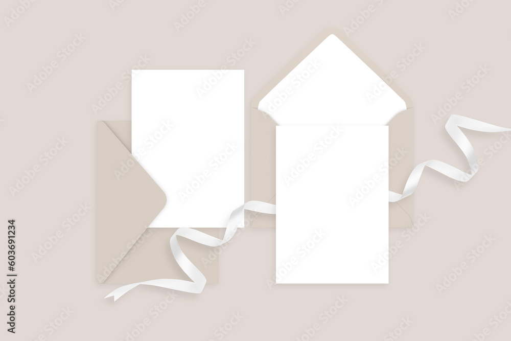 5x7 mockup cards with beige envelopes and ribbons 5x7 mockup cards with beige envelopes and ribbons