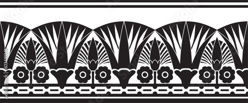Vector monochrome seamless Egyptian border. Endless ornament of Ancient Africa. Pattern of lotus flowers and sun..