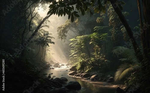 Dark tropical rainforest  sun rays through the trees  rich jungle  Atmospheric fantasy forest