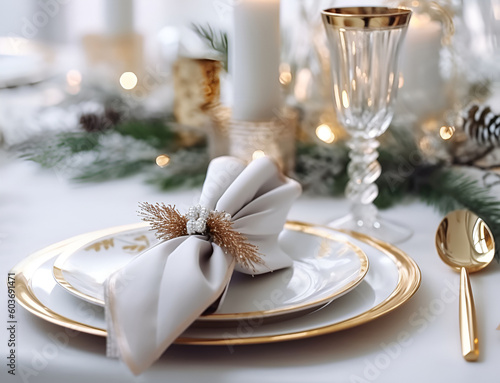 Stylish christmas table setting with festive new year decor. Christmas and New Year background with plates  champagne glasses cutlery  candles and fir branches. Christmas eve. Generative AI