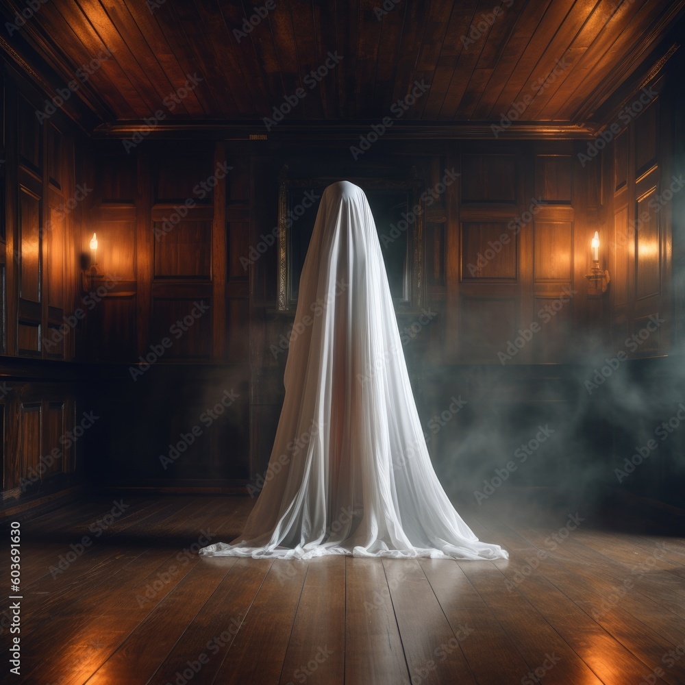 Illustration for Halloween - A ghost dressed in a white costume standing on a wooden floor, in the style of light orange and dark gray. Generative AI Illustration for Halloween - A ghost dressed in a white costume standing on a wooden floor, in the style of light orange and dark gray. Generative AI