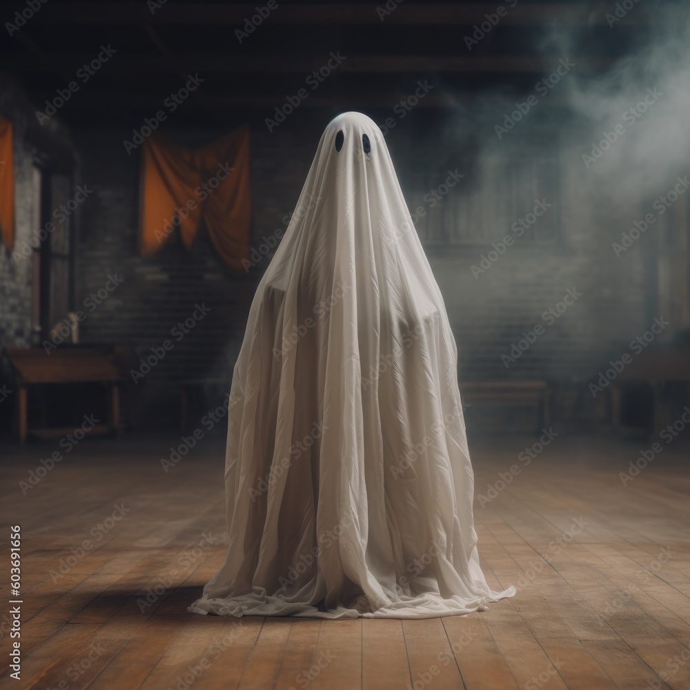 Illustration for Halloween - A ghost dressed in a white costume standing on a wooden floor, in the style of light orange and dark gray. Generative AI Illustration for Halloween - A ghost dressed in a white costume standing on a wooden floor, in the style of light orange and dark gray. Generative AI
