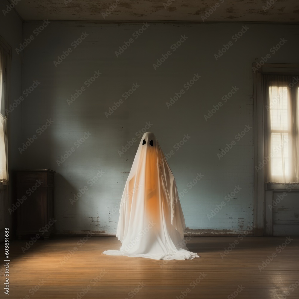 Illustration for Halloween - A ghost dressed in a white costume standing on a wooden floor, in the style of light orange and dark gray. Generative AI Illustration for Halloween - A ghost dressed in a white costume standing on a wooden floor, in the style of light orange and dark gray. Generative AI