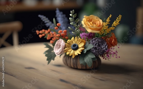 Wooden tabletop with blurred natural, flower background, Empty wooden tabletop with background.