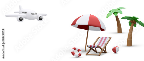 Time to travel concept poster in 3d realistic style with palm tree, airplane, bitch ball, lifebuoy, beach chair ,umbrella .Vector illustration.