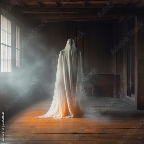 Illustration for Halloween - A ghost dressed in a white costume standing on a wooden floor, in the style of light orange and dark gray. Generative AI