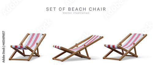 Set of 3d realistic render beach chairs with shadow isolated on white background. Vector illustration