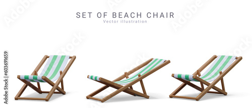 Set of 3d realistic render beach chairs with shadow isolated on white background. Vector illustration