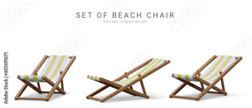 Set of 3d realistic render beach chairs with shadow isolated on white background. Vector illustration