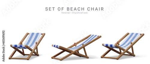 Set of 3d realistic render beach chairs with shadow isolated on white background. Vector illustration