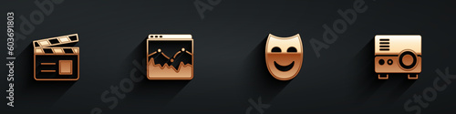 Set Movie clapper, Music wave equalizer, Comedy theatrical mask and Media projector icon with long shadow. Vector