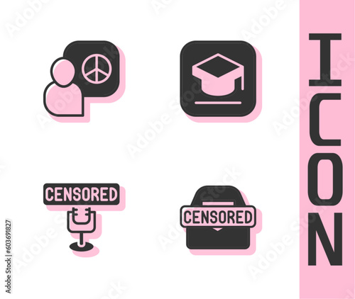 Set Censored stamp, Peace talks, and Graduation cap icon. Vector