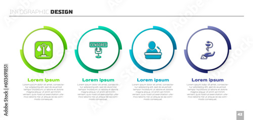 Set Scales of justice, Censored stamp, Speaker and Caduceus snake medical. Business infographic template. Vector