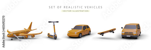 Set of realistic 3d yellow car, bus, airplane, skateboard and kick scooter. Poster with different transport for selling tickets or rental company. Vector illustration in yellow colors