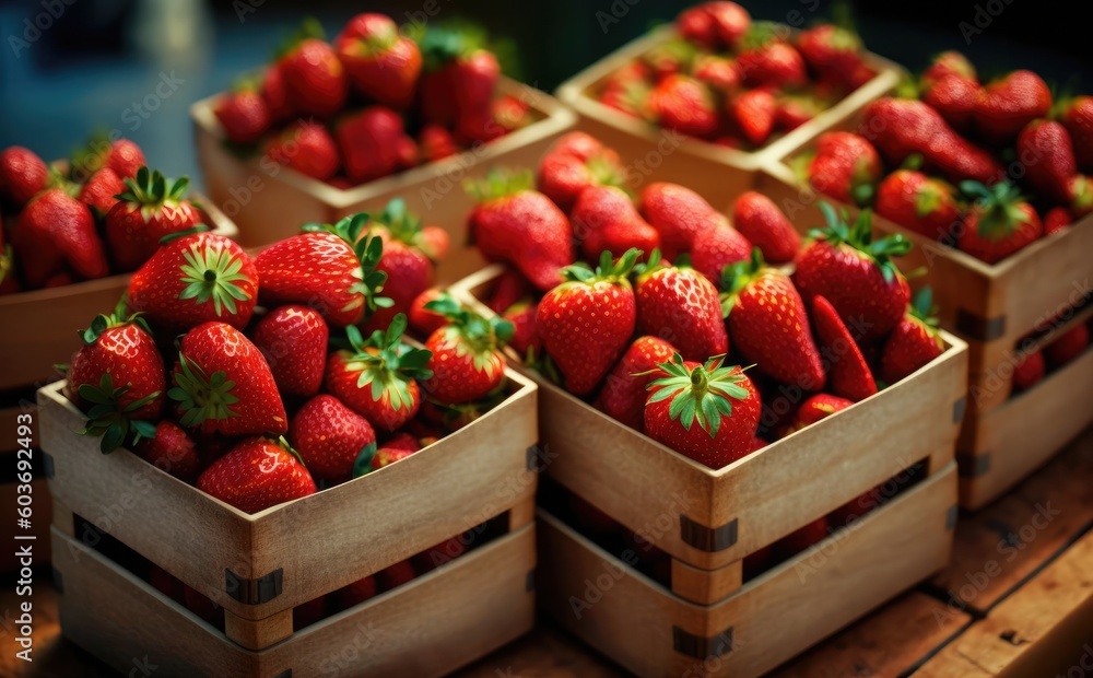 Fresh ripe organic strawberry, baskets with fresh ripe strawberries for sale at farmers market, strawberry fruits in wooden box Fresh ripe organic strawberry, baskets with fresh ripe strawberries for sale at farmers market, strawberry fruits in wooden box