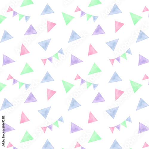 Seamless pattern of multicolored flags. Watercolor illustration. Birthday. Children's room. Decoration.