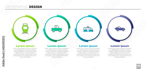 Set Tram and railway, Pickup truck, and Car. Business infographic template. Vector