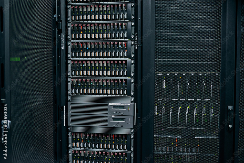 Server room, empty or hardware equipment for networking connection, admin servers or cyber security system. IT support background, information technology electronics or modern machine in data center