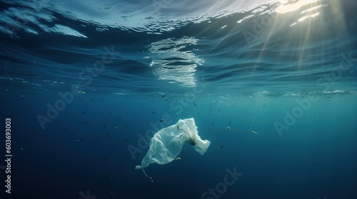 A plastic bag floats in the ocean