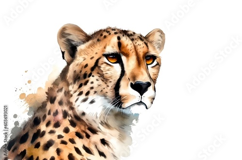 Watercolor portrait of a beautiful cheetah on white background. Generative AI. © Hanna