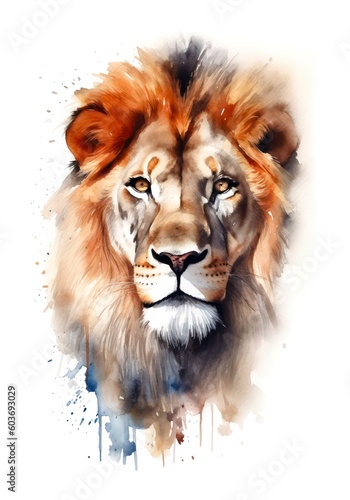Watercolor portrait of a majestic lion on white background. Generative AI.