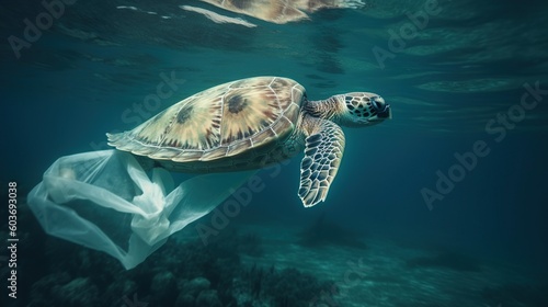 A turtle swimming in the ocean with a plastic bag, generative ai