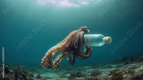 Fotografering An octopus holding a plastic bottle , generative ai