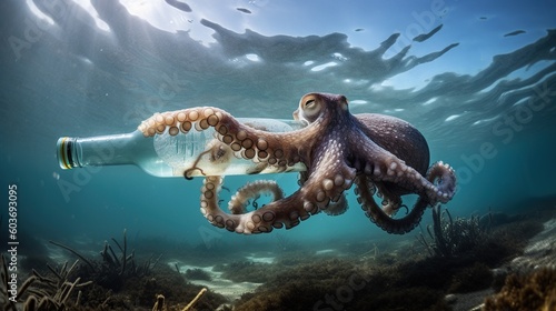 An octopus holding a plastic bottle , generative ai