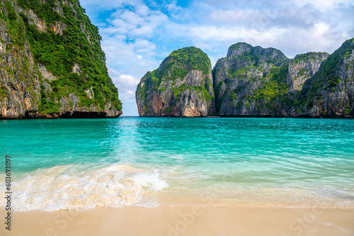 View of famous Maya Bay, Thailand. One of the most popular beach in the world. Ko Phi Phi islands. Beach without people.