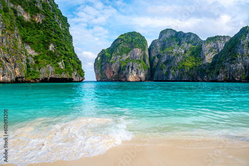 View of famous Maya Bay, Thailand. One of the most popular beach in the world. Ko Phi Phi islands. Beach without people. photo