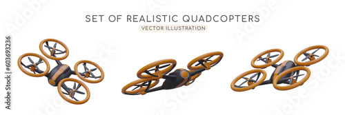 Modern equipment for aerial surveillance. Set of 3D quadcopters. Drones from different sides. Small vehicles for carrying cargo in air. Aerial reconnaissance, observation from sky
