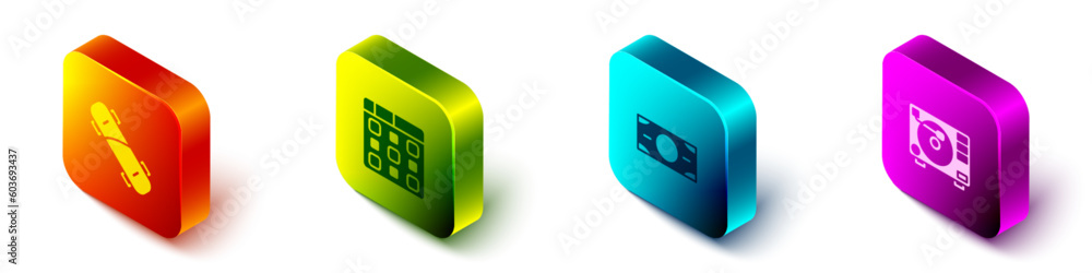 Set Isometric Skateboard, Drum machine music, Stacks paper money cash and Vinyl player with vinyl disk icon. Vector Set Isometric Skateboard, Drum machine music, Stacks paper money cash and Vinyl player with vinyl disk icon. Vector