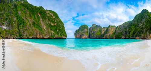 Fototapeta Naklejka Na Ścianę i Meble -  View of famous Maya Bay, Thailand. One of the most popular beach in the world. Ko Phi Phi islands. Beach without people.