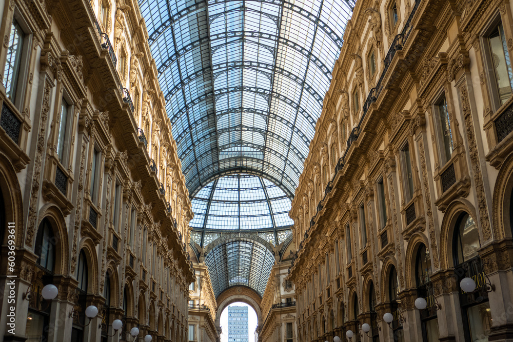 Perspective view of beautiful Vittorio Emanuele II Galleria in Milan, Italy