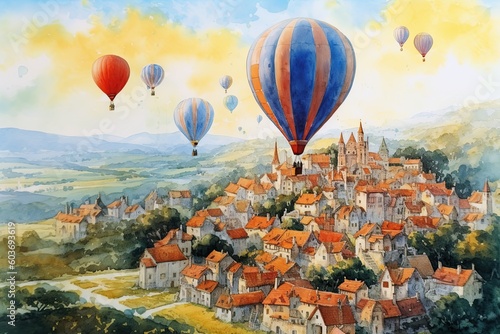 A balloon over a rural town in a blue cloudy sky. Watercolor Generative AI illustration. © Anastasia