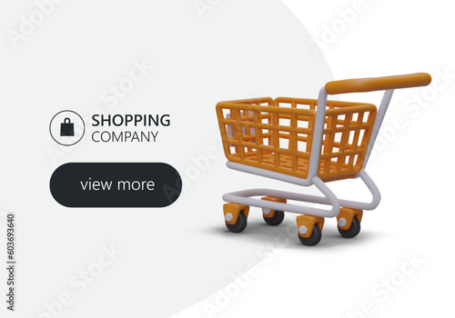 Time to shop. Online store advertising banner. Template with text and button to go to store page. 3D shopping cart is waiting for buyer. Equipment for large purchases