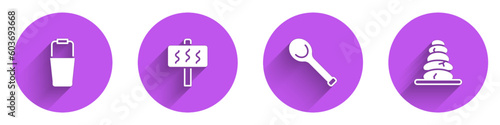 Set Sauna bucket, ladle and Stack hot stones icon with long shadow. Vector