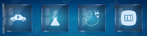 Set Electric car, Plant breeding, saving plug leaf and Leaf Eco symbol. Square glass panels. Vector